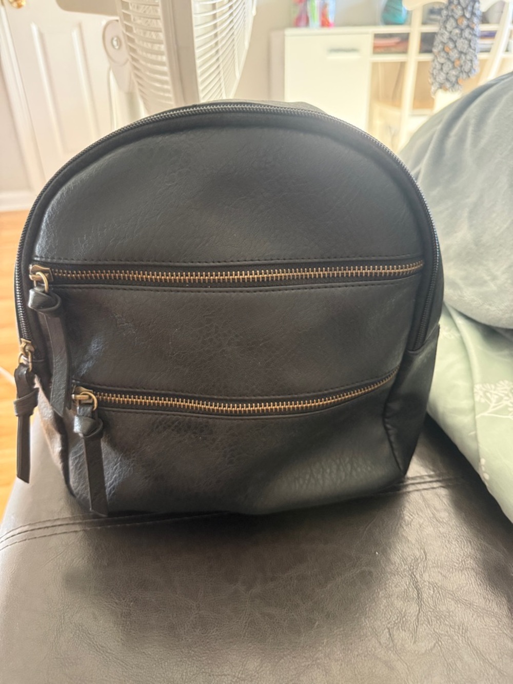 Source Unknown Black Faux Leather Mini Backpack with Gold Zippers